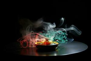 Weihrauch im ein Schüssel auf ein schwarz Hintergrund mit Rauch und Feuer. ai generiert Profi Foto