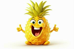 3d Illustration von Ananas Karikatur Charakter mit glücklich Ausdruck auf Weiß Hintergrund. ai generiert Profi Foto