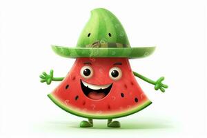 komisch Wassermelone Charakter mit Grün Hut auf Weiß Hintergrund. Vektor Illustration. ai generiert Profi Foto