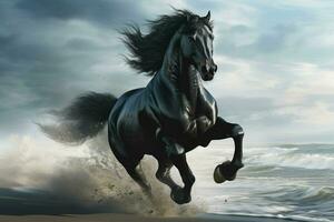 schwarz Pferd Laufen auf das Strand im das Ozean. 3d Wiedergabe. ai generiert Profi Foto