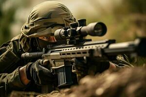 vereinigt Zustände Marine Korps Besondere Kräfte Soldat mit Angriff Gewehr im Aktion während Mission. ai generiert Profi Foto