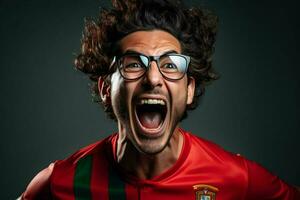 ein verrückt Portugiesisch Fußball Fan feiert. ai generiert Profi Foto