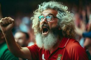 ein verrückt Portugiesisch Fußball Fan feiert. ai generiert Profi Foto