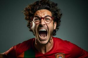 ein verrückt Portugiesisch Fußball Fan feiert. ai generiert Profi Foto