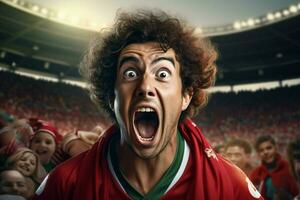 ein verrückt Portugiesisch Fußball Fan feiert. ai generiert Profi Foto
