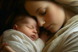Mutter mit ihr Neugeborene Baby, Mutterschaft Konzept. ai generiert Profi Foto