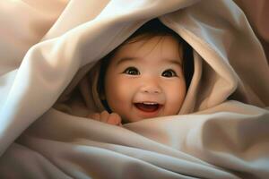 süß wenig Baby unter Decke beim heim. glücklich Kindheit Konzept. ai generiert Profi Foto