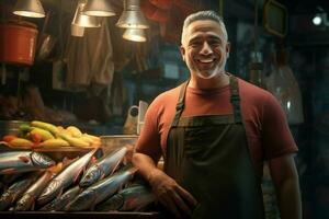 Porträt von ein lächelnd mittleren Alters Mann Verkauf frisch Fisch im ein Fisch Geschäft. ai generiert Profi Foto