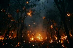 Feuer im das Wald, Verbrennung Bäume und Gebüsch im das Hintergrund. ai generiert Profi Foto