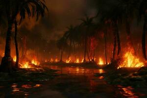 Feuer im das Wald, Verbrennung Bäume und Gebüsch im das Hintergrund. ai generiert Profi Foto