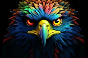 Adler Kopf im Blau und Gelb Farben auf ein schwarz Hintergrund. ai generiert Profi Foto
