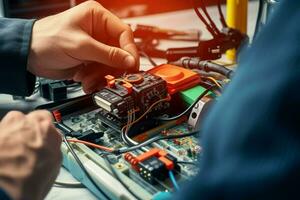 Handwerker reparieren elektronisch Schaltkreis Tafel im das Werkstatt beim Nacht. ai generiert Profi Foto