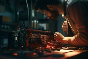 Handwerker reparieren elektronisch Schaltkreis Tafel im das Werkstatt beim Nacht. ai generiert Profi Foto