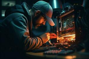 Handwerker reparieren elektronisch Schaltkreis Tafel im das Werkstatt beim Nacht. ai generiert Profi Foto