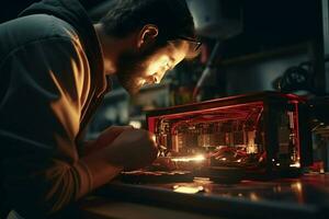 Handwerker reparieren elektronisch Schaltkreis Tafel im das Werkstatt beim Nacht. ai generiert Profi Foto