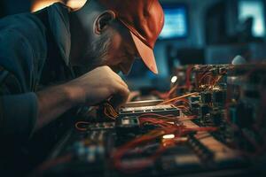 Handwerker reparieren elektronisch Schaltkreis Tafel im das Werkstatt beim Nacht. ai generiert Profi Foto