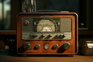 Jahrgang Radio auf ein hölzern Tabelle im das Innere von das Zimmer, Jahrgang Stil. retro Radio. ai generiert Profi Foto