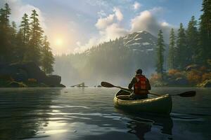 Mann im ein Kajak auf das See im das Berge beim Sonnenuntergang. ai generiert Profi Foto