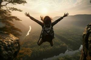 jung Frau Wanderer Springen Über Cliff in das neblig Senke beim Sonnenaufgang. ai generiert Profi Foto