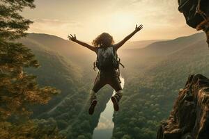 jung Frau Wanderer Springen Über Cliff in das neblig Senke beim Sonnenaufgang. ai generiert Profi Foto