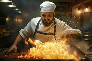 Koch Kochen Essen im Küche beim Restaurant. Porträt von gut aussehend bärtig Koch Kochen Essen im Restaurant. ai generiert Profi Foto