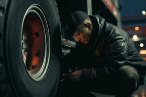 Auto Mechaniker Ändern ein Auto Reifen beim ein Auto Reparatur Bedienung Bahnhof. Mechaniker Ändern ein Auto Rad mit ein Schlüssel im ein Garage. ai generiert Profi Foto