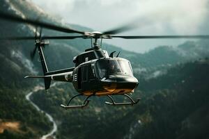 Hubschrauber im Flug Über das Berge. 3d Wiedergabe. ai generiert Profi Foto