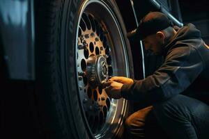 Auto Mechaniker Ändern ein Auto Reifen beim ein Auto Reparatur Bedienung Bahnhof. Mechaniker Ändern ein Auto Rad mit ein Schlüssel im ein Garage. ai generiert Profi Foto