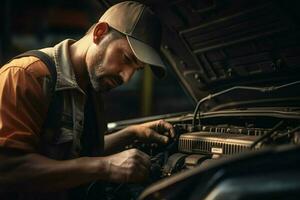 Fachmann Mechaniker Arbeiten im Auto Reparatur Geschäft. gut aussehend jung kaukasisch Mann im Uniform reparieren ein Wagen. ai generiert Profi Foto