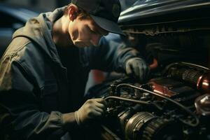 Fachmann Mechaniker Arbeiten im Auto Reparatur Geschäft. gut aussehend jung kaukasisch Mann im Uniform reparieren ein Wagen. ai generiert Profi Foto