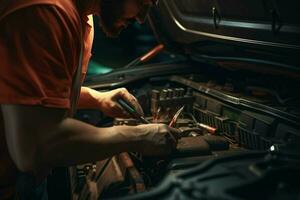 Fachmann Mechaniker Arbeiten im Auto Reparatur Geschäft. gut aussehend jung kaukasisch Mann im Uniform reparieren ein Wagen. ai generiert Profi Foto