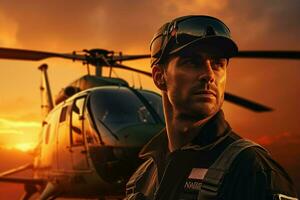 Hubschrauber beim Sonnenuntergang Nahansicht Porträt von Pilot Stehen im Vorderseite. ai generiert Profi Foto