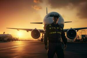 Porträt von gut aussehend Pilot im Uniform Stehen im Vorderseite von Flugzeug beim Flughafen. ai generiert Profi Foto