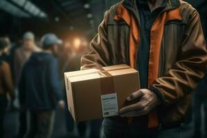 Porträt von ein männlich Arbeiter halten ein Box im ein Lagerhaus. Lieferung Bedienung Konzept. ai generiert Profi Foto
