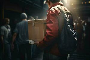 Porträt von ein männlich Arbeiter halten ein Box im ein Lagerhaus. Lieferung Bedienung Konzept. ai generiert Profi Foto