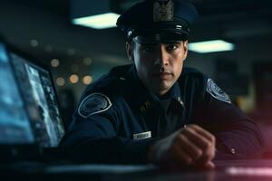 Porträt von männlich Polizei Offizier Sitzung beim Arbeitsplatz. ai generiert Profi Foto