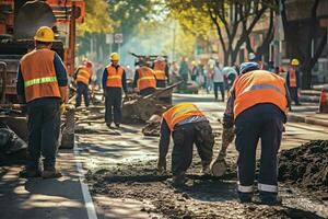 Nahansicht von Konstruktion Ausrüstung. Arbeitskräfte beim das Straße Konstruktion Seite? ˅ Verlegung Asphalt auf ein Neu Straße. ai generiert Profi Foto