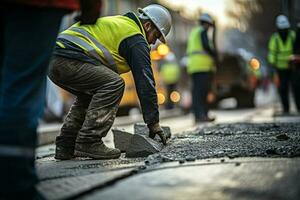 Nahansicht von Konstruktion Ausrüstung. Arbeitskräfte beim das Straße Konstruktion Seite? ˅ Verlegung Asphalt auf ein Neu Straße. ai generiert Profi Foto