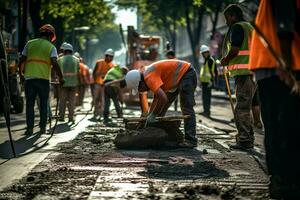 Nahansicht von Konstruktion Ausrüstung. Arbeitskräfte beim das Straße Konstruktion Seite? ˅ Verlegung Asphalt auf ein Neu Straße. ai generiert Profi Foto