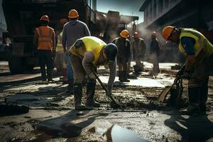 Nahansicht von Konstruktion Ausrüstung. Arbeitskräfte beim das Straße Konstruktion Seite? ˅ Verlegung Asphalt auf ein Neu Straße. ai generiert Profi Foto