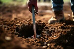 Gartenarbeit Werkzeuge auf fruchtbar Boden Hintergrund. Gartenarbeit und Landwirtschaft Konzept. ai generiert Profi Foto