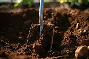 Gartenarbeit Werkzeuge auf fruchtbar Boden Hintergrund. Gartenarbeit und Landwirtschaft Konzept. ai generiert Profi Foto