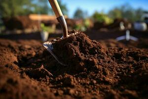 Gartenarbeit Werkzeuge auf fruchtbar Boden Hintergrund. Gartenarbeit und Landwirtschaft Konzept. ai generiert Profi Foto