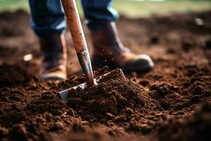 Gartenarbeit Werkzeuge auf fruchtbar Boden Hintergrund. Gartenarbeit und Landwirtschaft Konzept. ai generiert Profi Foto