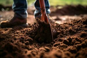 Gartenarbeit Werkzeuge auf fruchtbar Boden Hintergrund. Gartenarbeit und Landwirtschaft Konzept. ai generiert Profi Foto