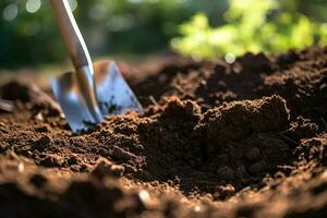 Gartenarbeit Werkzeuge auf fruchtbar Boden Hintergrund. Gartenarbeit und Landwirtschaft Konzept. ai generiert Profi Foto
