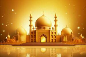 3d Illustration von eid Mubarak Hintergrund mit Moschee und golden Laternen. ai generiert Profi Foto