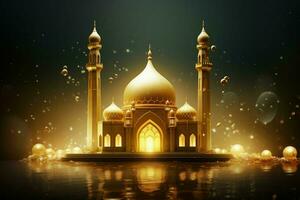 3d Illustration von eid Mubarak Hintergrund mit Moschee und golden Laternen. ai generiert Profi Foto