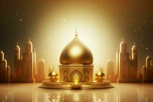 3d Illustration von eid Mubarak Hintergrund mit Moschee und golden Laternen. ai generiert Profi Foto