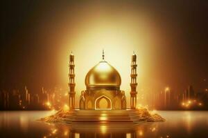 3d Illustration von eid Mubarak Hintergrund mit Moschee und golden Laternen. ai generiert Profi Foto